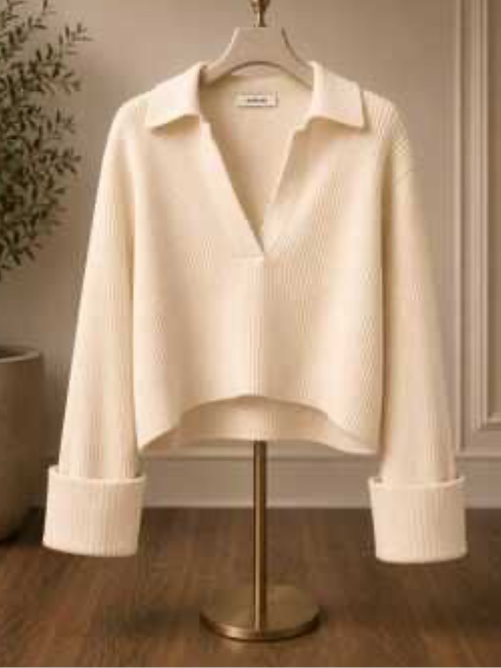 Jason Wu Cream Ribbed V-Neck Polo Sweater m